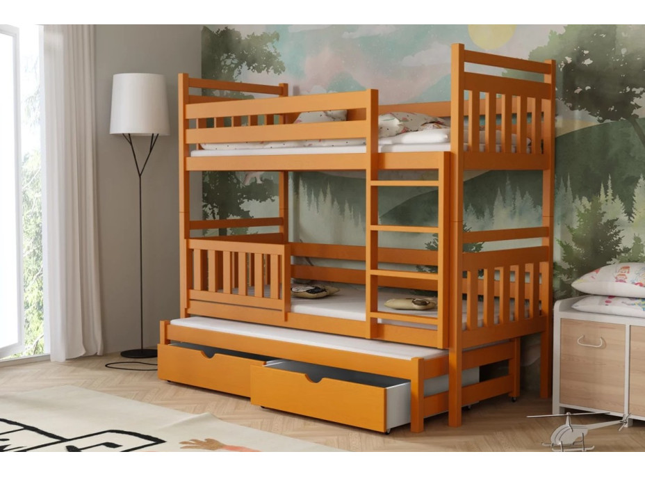 Detská poschodová posteľ z masívu borovice PETR s prístelkou a šuplíky - 200x90 cm