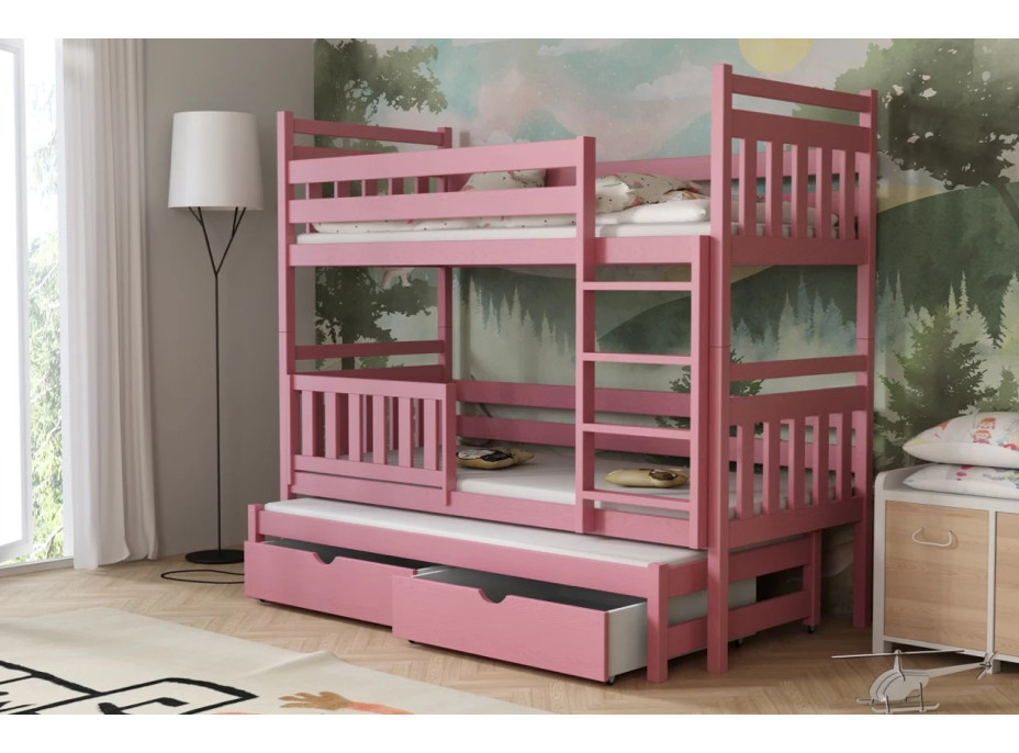 Detská poschodová posteľ z masívu borovice PETR s prístelkou a šuplíky - 200x90 cm