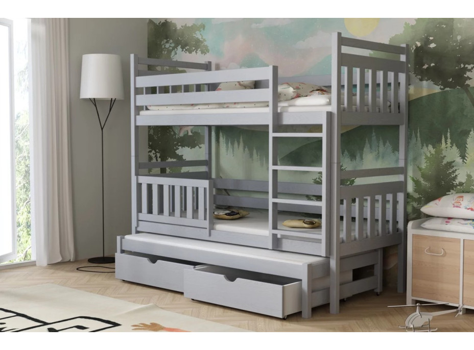 Detská poschodová posteľ z masívu borovice PETR s prístelkou a šuplíky - 200x90 cm