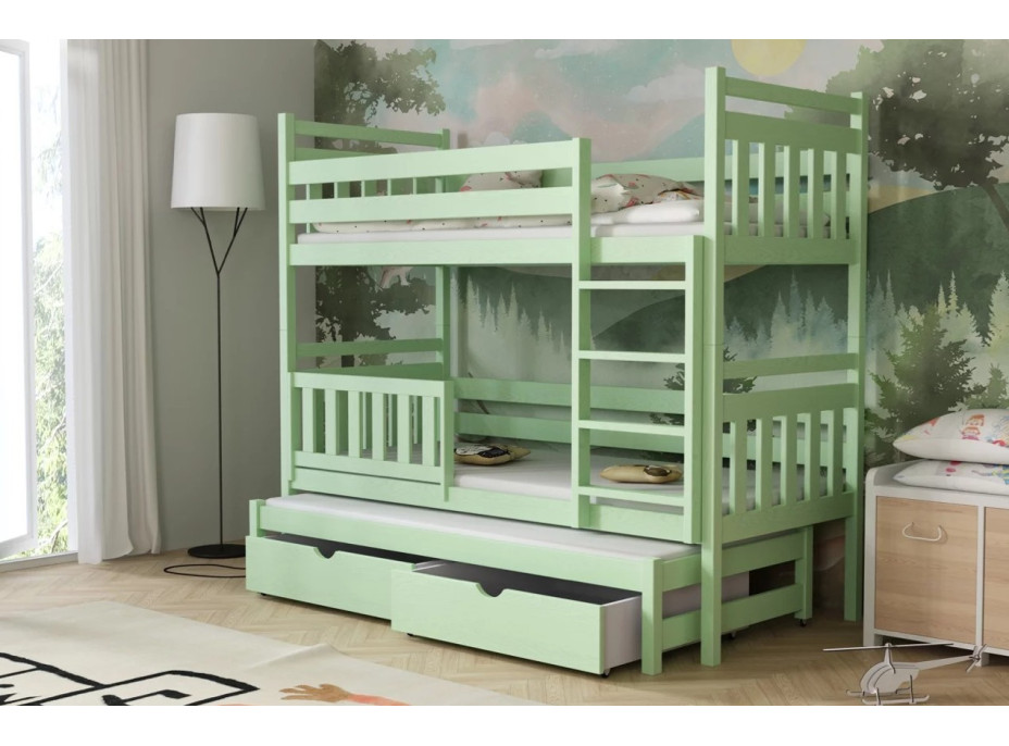 Detská poschodová posteľ z masívu borovice PETR s prístelkou a šuplíky - 200x90 cm