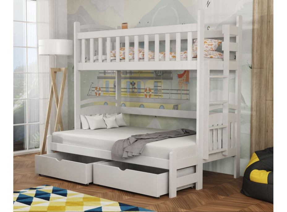 Detská poschodová posteľ z masívu borovice s rozšíreným spodným lôžkom LUKÁŠ so šuplíkmi 200x90/140 cm - BIELA, rebrík vpravo