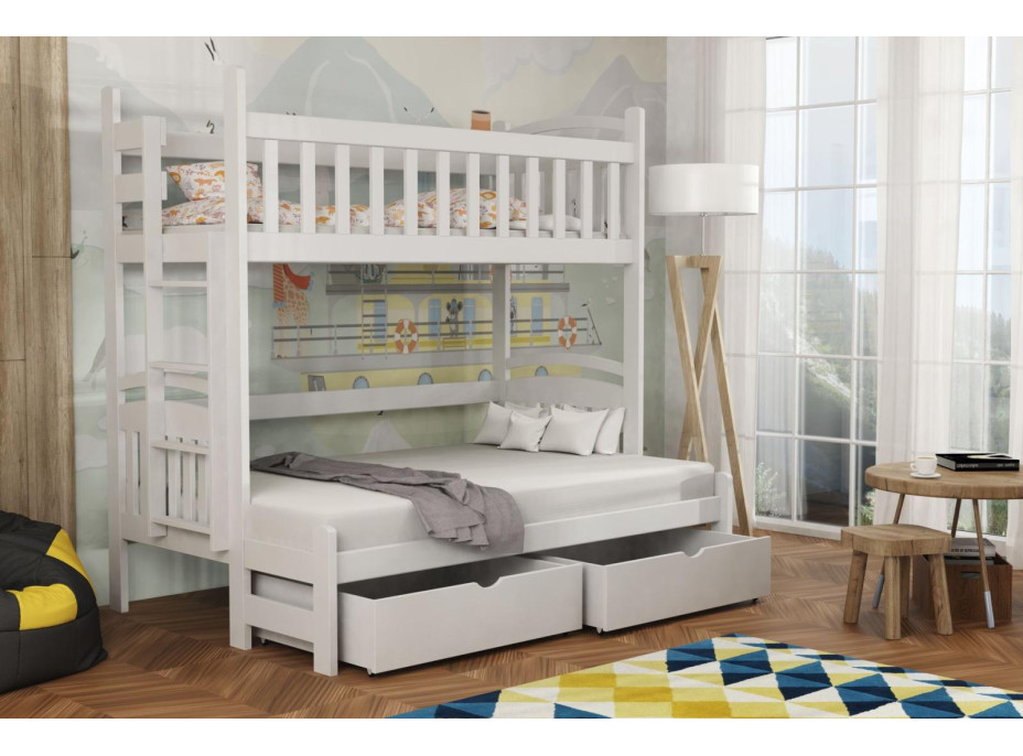 Detská poschodová posteľ z masívu borovice s rozšíreným spodným lôžkom LUKÁŠ so šuplíkmi 200x90/140 cm - BIELA, rebrík vpravo