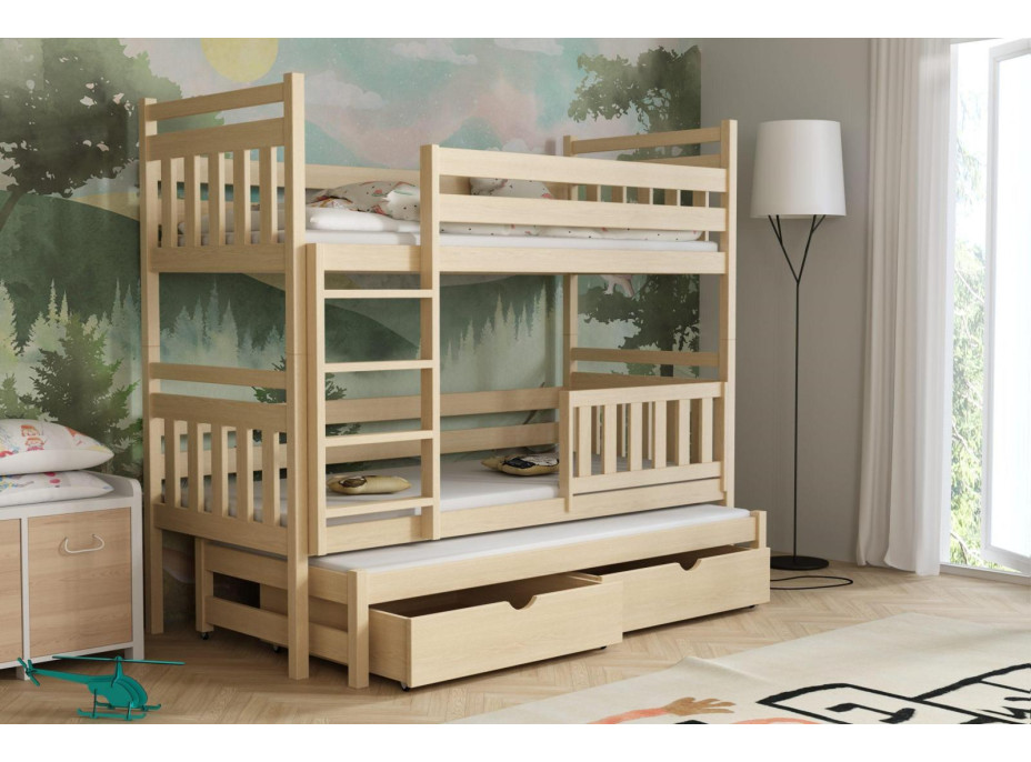 Detská poschodová posteľ z masívu borovice PETR s prístelkou a šuplíky - 200x90 cm