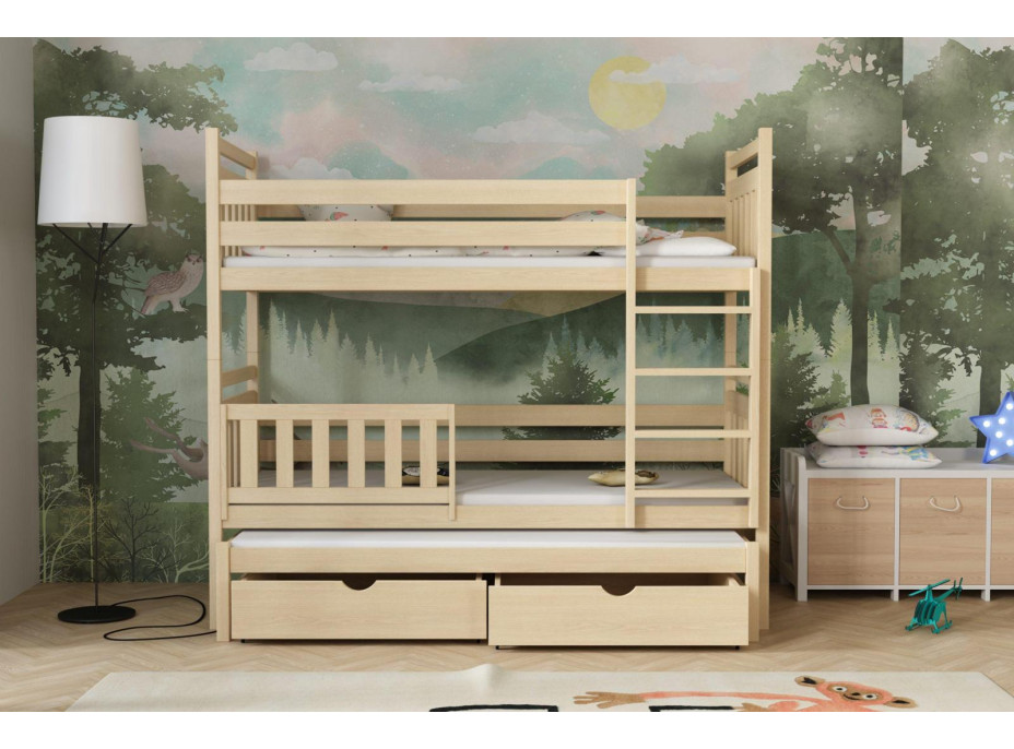 Detská poschodová posteľ z masívu borovice PETR s prístelkou a šuplíky - 200x90 cm