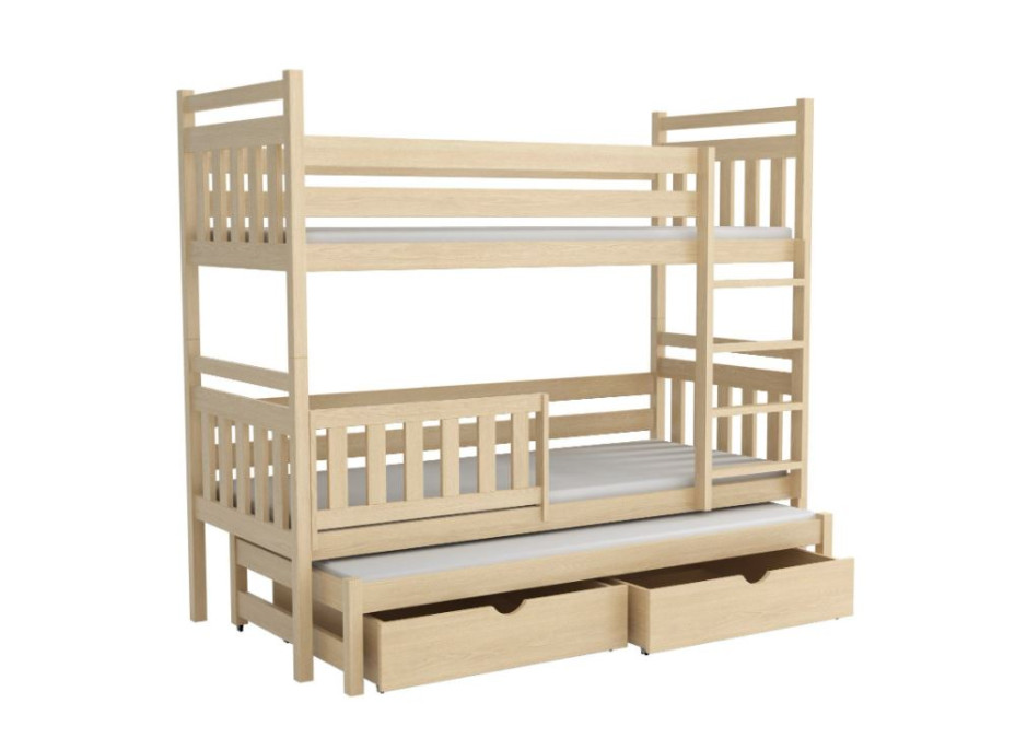 Detská poschodová posteľ z masívu borovice PETR s prístelkou a šuplíky - 200x90 cm