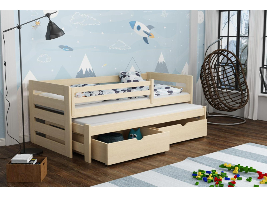 Detská posteľ z masívu borovice JOLANA s prístelkou a šuplíky - 200x90 cm