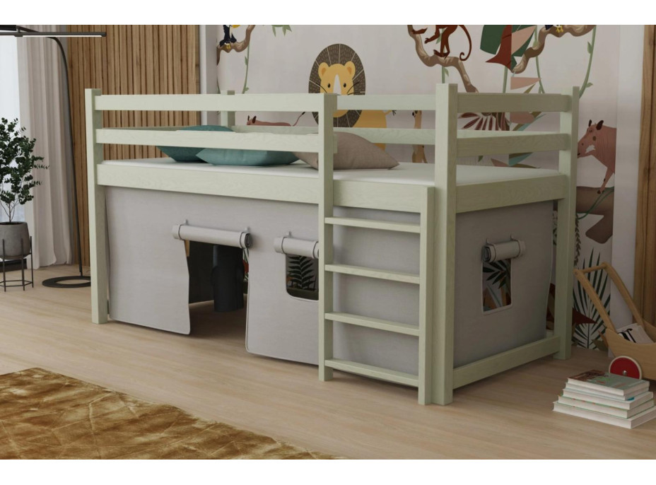 Detská vyvýšená posteľ z masívu borovice PORTO - 200x90 cm - OLIVOVO ZELENÁ