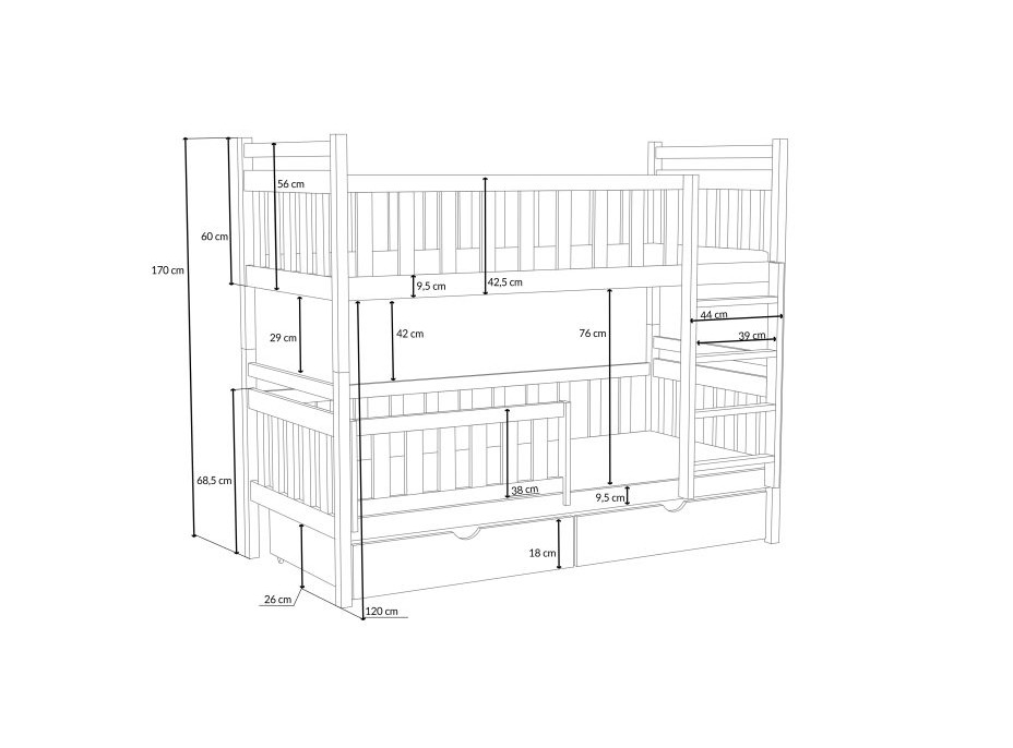 Detská poschodová posteľ z masívu borovice KAREL so šuplíkmi - 200x90 cm