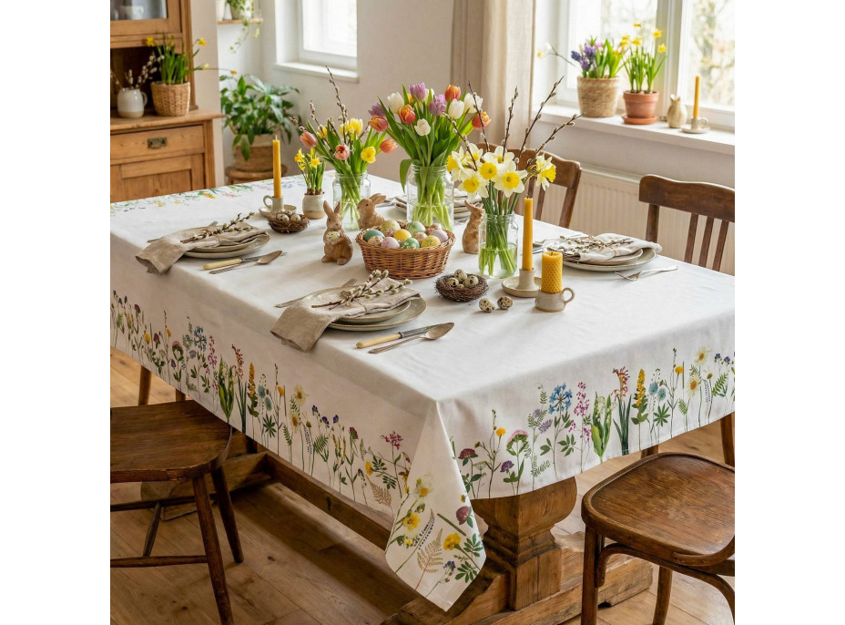 Veľkonočný obrus BLOOM Kvety - 130x180 cm - biely