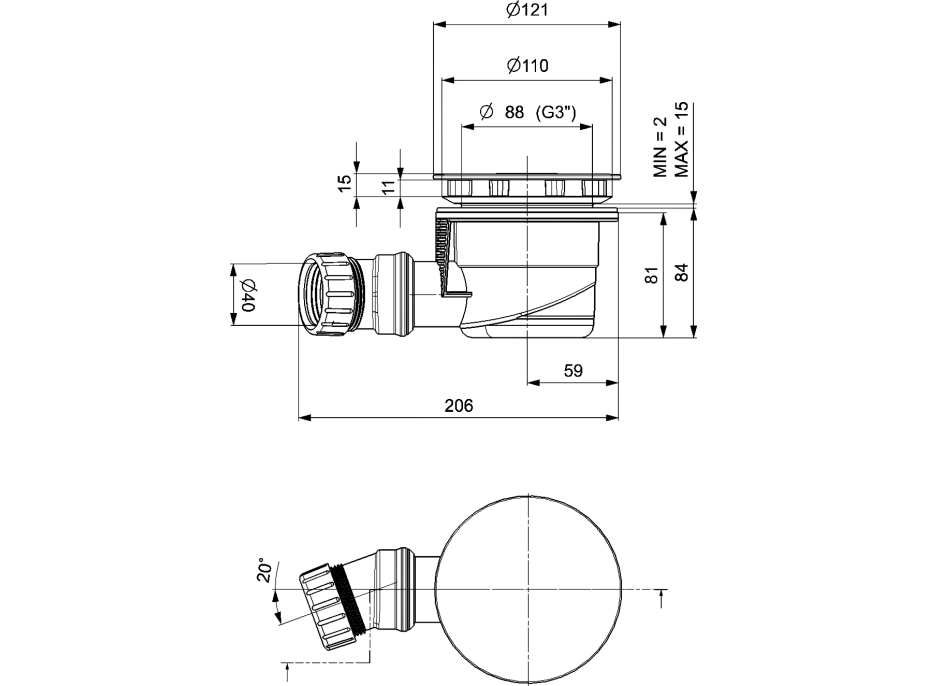 Polysan Vaničkový sifón, priemer 90mm, DN40, krytka gun metal 17911GM