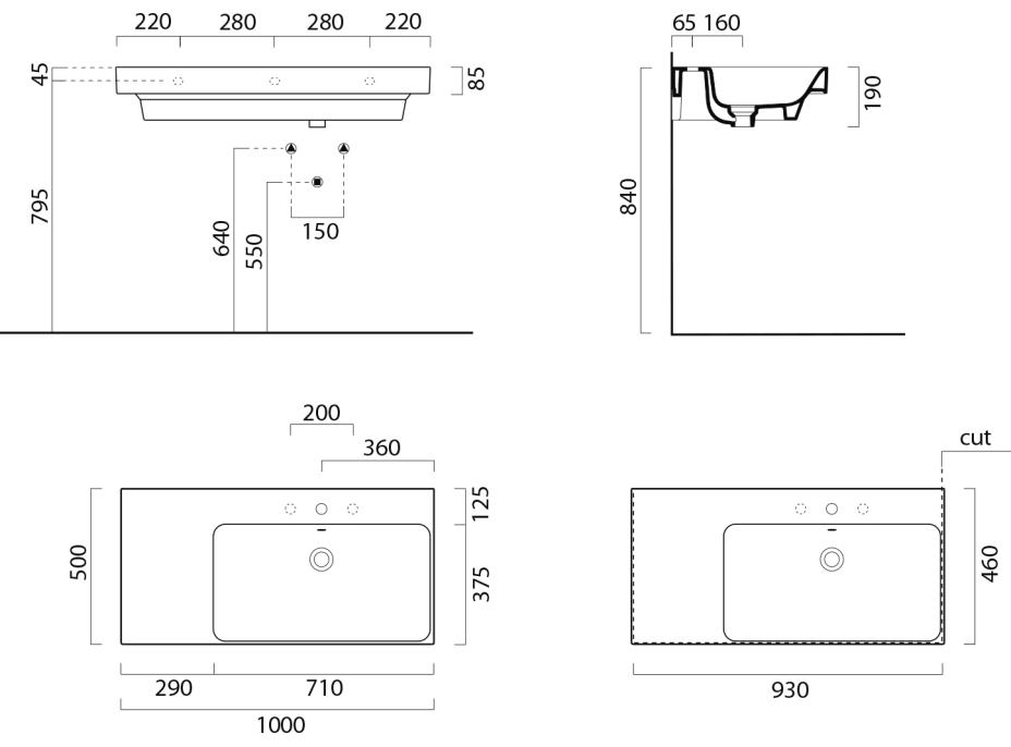 GSI NUBES keramické umývadlo 100x50cm, s odkladacou plochou vľavo, biela mat 9628109