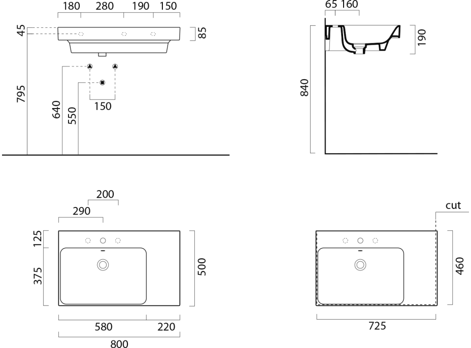 GSI NUBES keramické umývadlo 80x50cm, s odkladacou plochou vpravo, biela mat 9629109