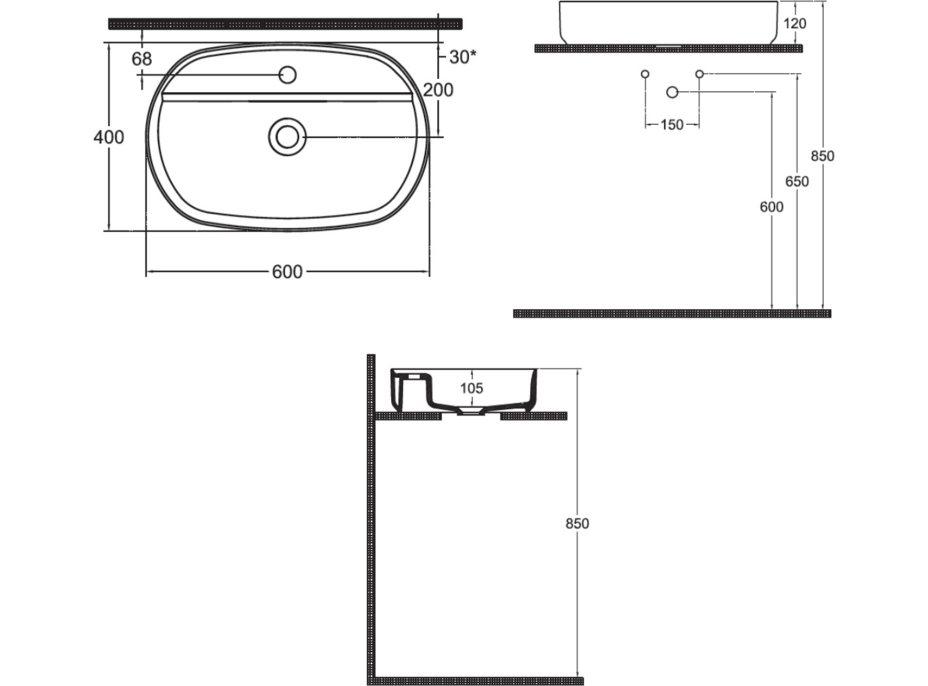 Isvea SINTESI keramické umývadlo na dosku, 60x40cm, biela 10SI65060