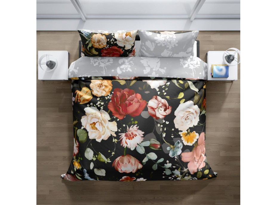 Saténové obliečky NOBILE Kvety - čierne / šedé - 160x200 cm