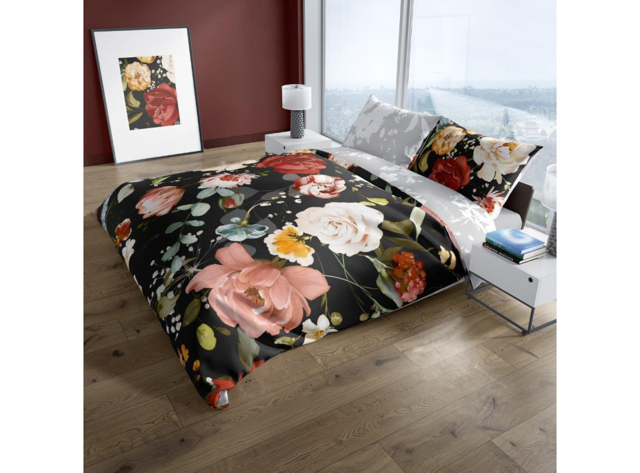 Saténové obliečky NOBILE Kvety - čierne / šedé - 160x200 cm