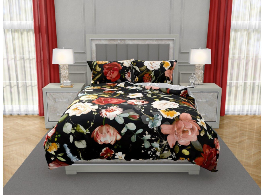 Saténové obliečky NOBILE Kvety - čierne / šedé - 160x200 cm