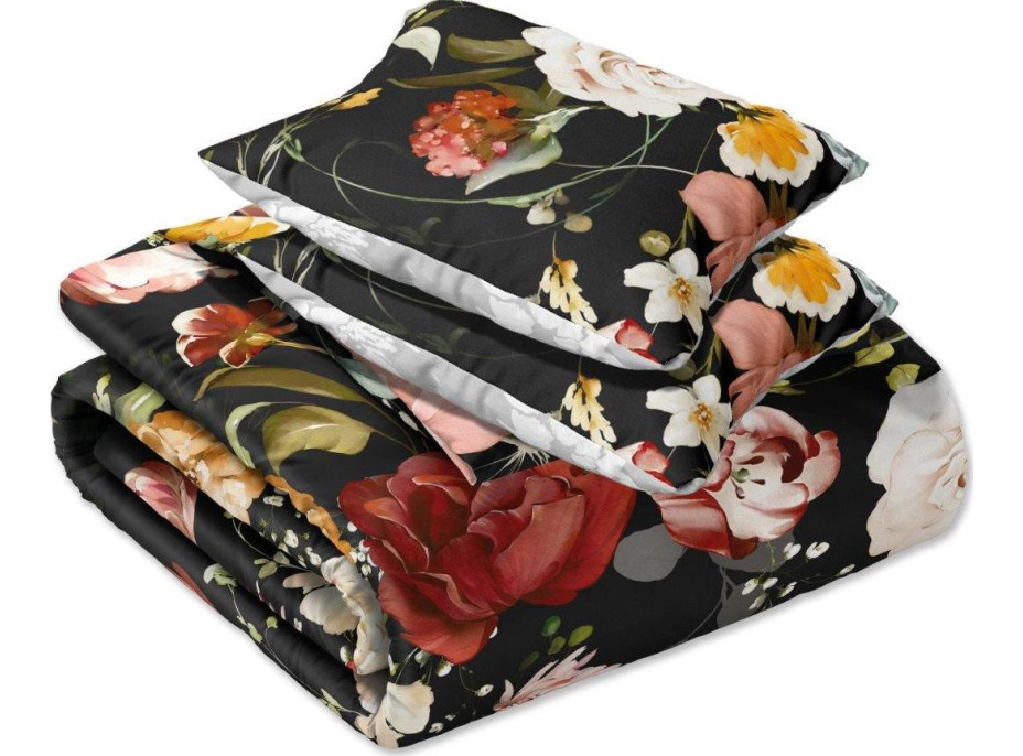 Saténové obliečky NOBILE Kvety - čierne / šedé - 160x200 cm
