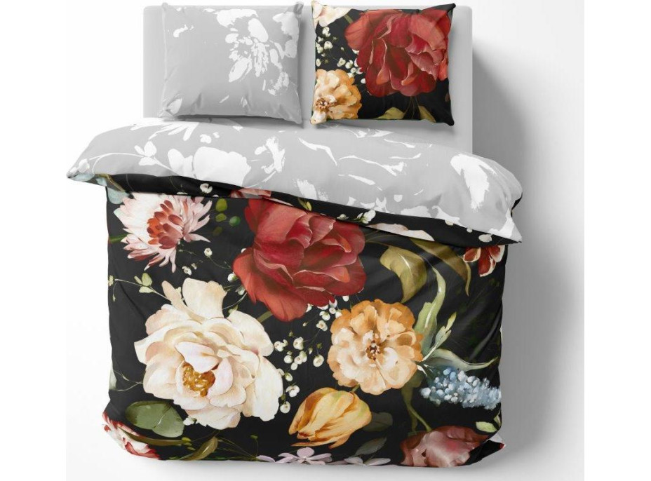 Saténové obliečky NOBILE Kvety - čierne / šedé - 160x200 cm