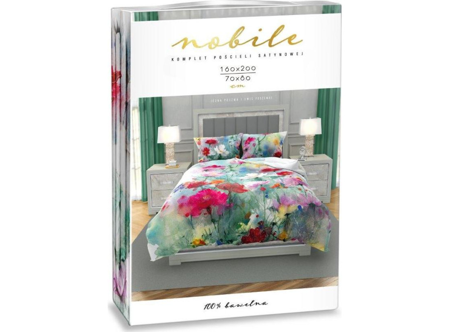 Saténové obliečky NOBILE Pastelové kvety - tyrkysové - 160x200 cm