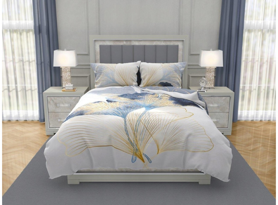 Saténové obliečky NOBILE Ginkgo - biele / šedé - 220x200 cm