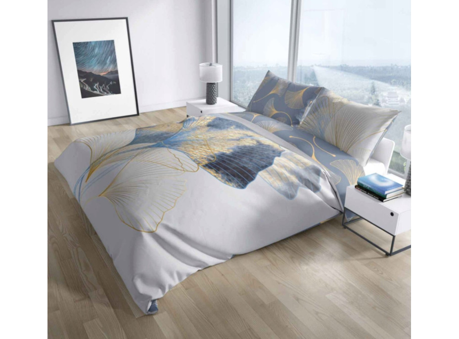 Saténové obliečky NOBILE Ginkgo - biele / šedé - 220x200 cm