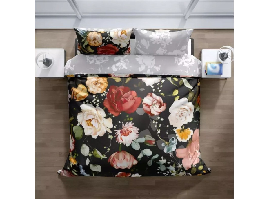 Saténové obliečky NOBILE Kvety - čierne / šedé - 220x200 cm