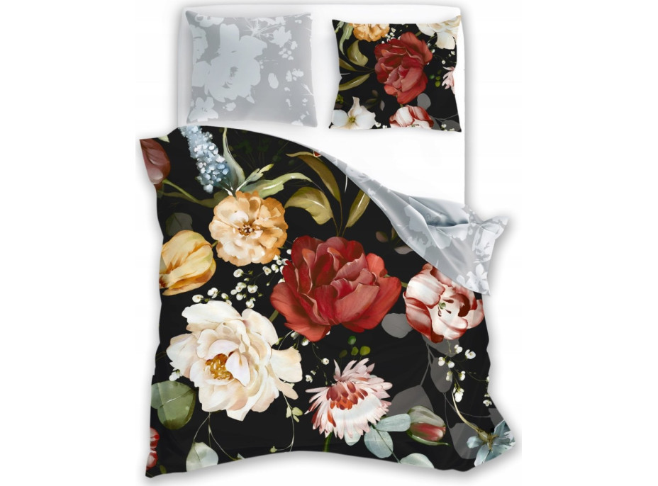 Saténové obliečky NOBILE Kvety - čierne / šedé - 160x200 cm