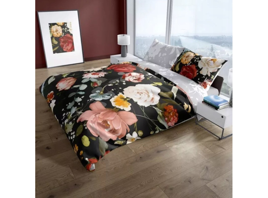 Saténové obliečky NOBILE Kvety - čierne / šedé - 220x200 cm