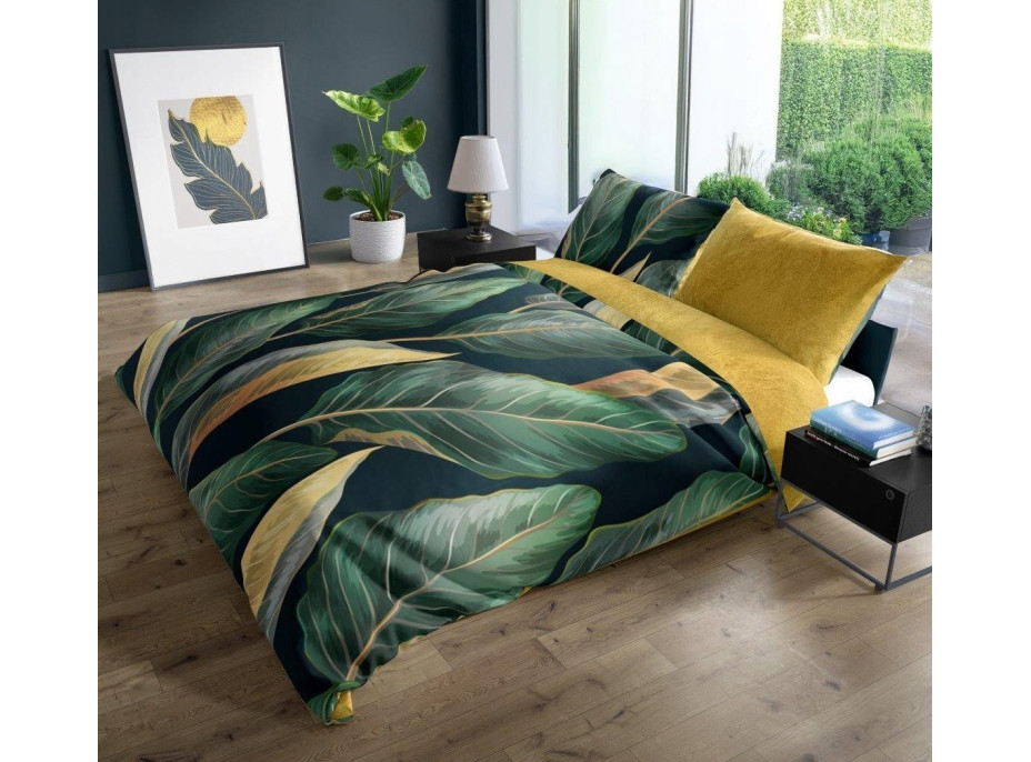 Saténové obliečky NOBILE Leaves - zelené / žlté - 220x200 cm