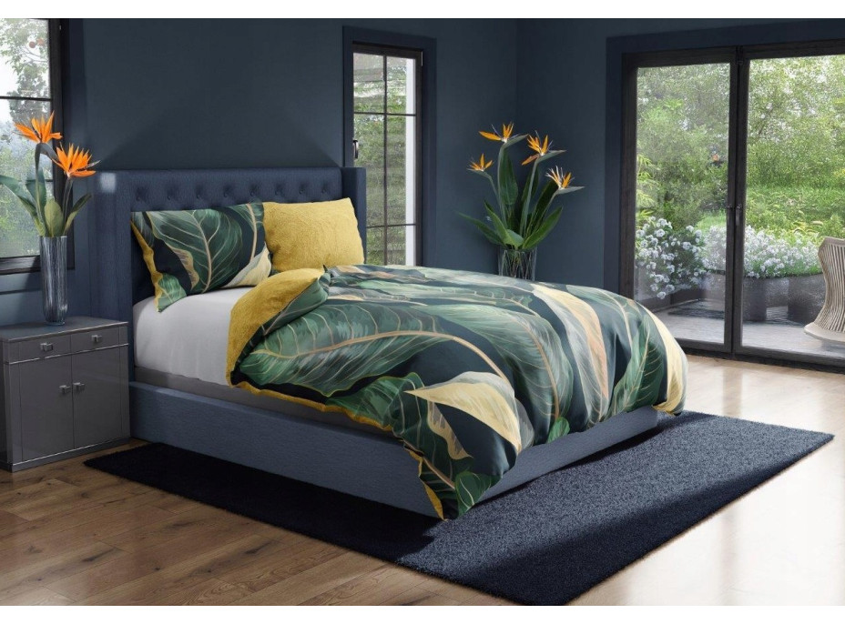 Saténové obliečky NOBILE Leaves - zelené / žlté - 220x200 cm