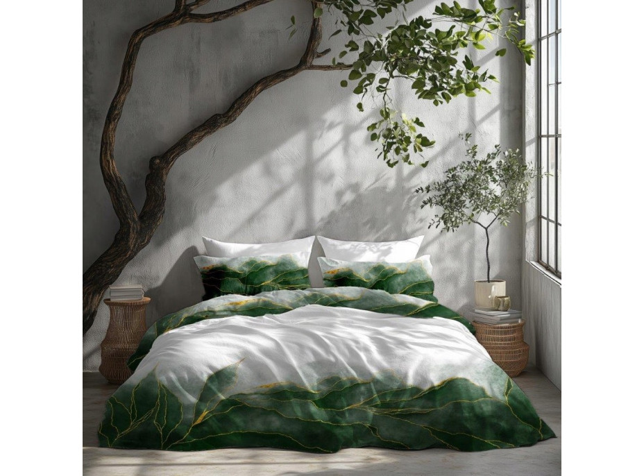 Saténové obliečky NOBILE Listy - biele / zelené - 140x200 cm
