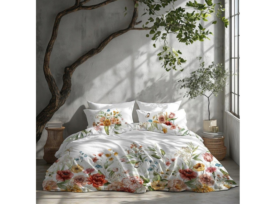 Saténové obliečky NOBILE Lúčne kvety - biele - 220x200 cm