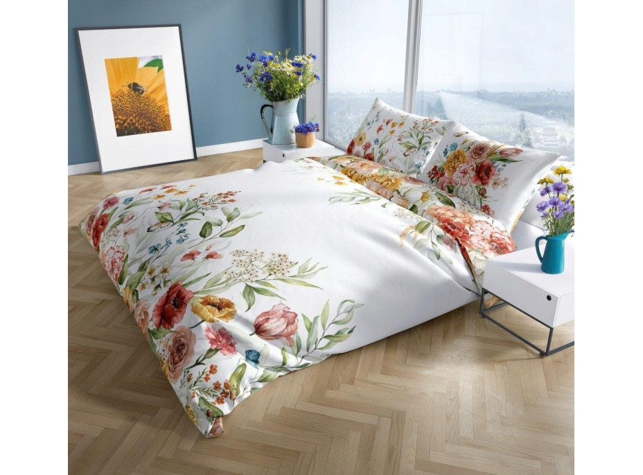 Saténové obliečky NOBILE Lúčne kvety - biele - 220x200 cm