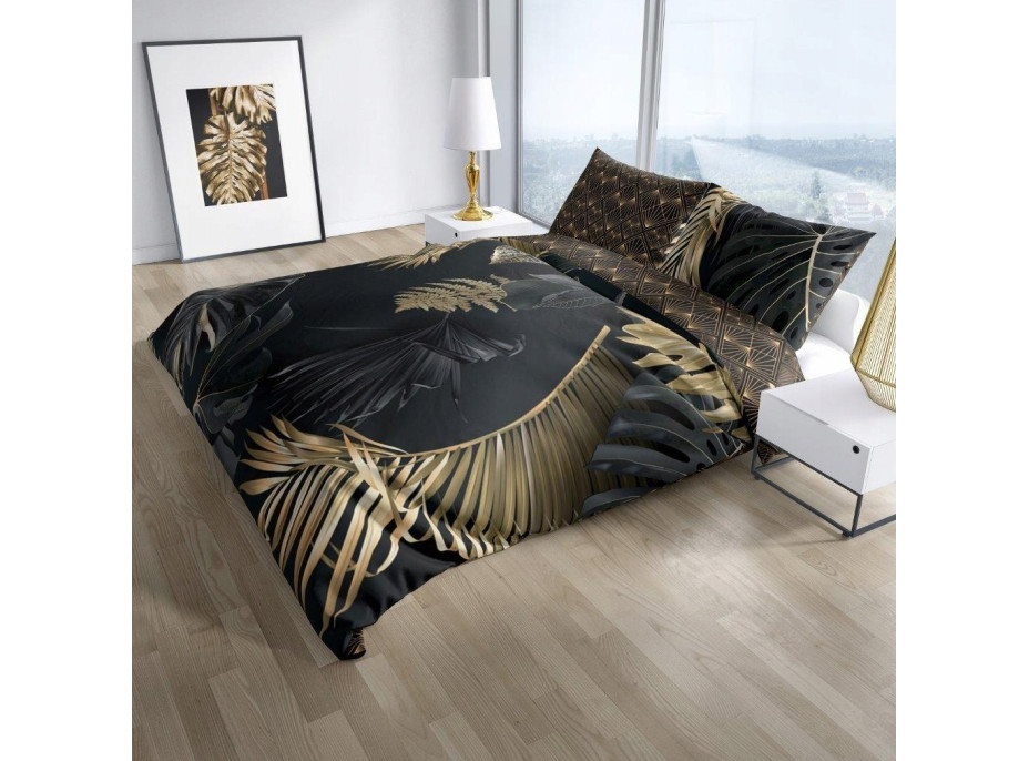 Saténové obliečky NOBILE Palm leaves - čierne / zlaté - 220x200 cm