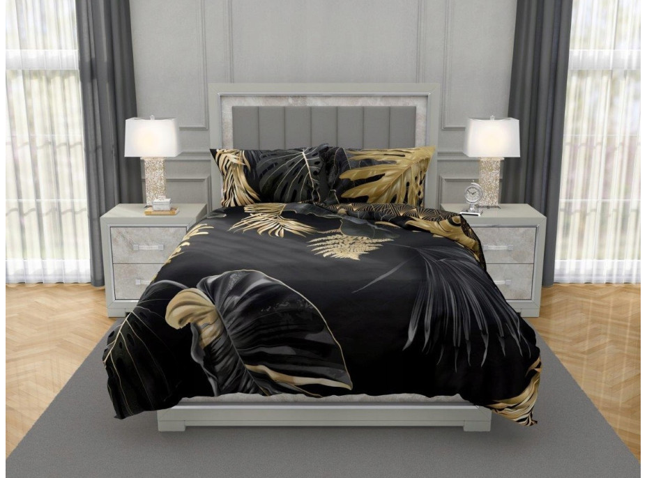 Saténové obliečky NOBILE Palm leaves - čierne / zlaté - 220x200 cm