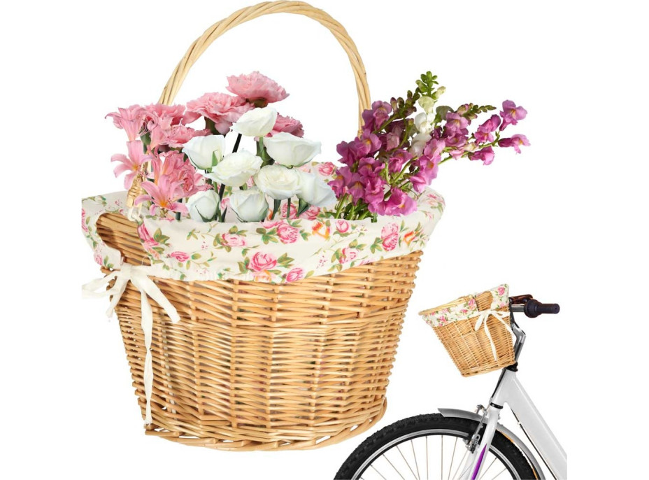 Prútený košík RALLEX na riadidlá bicykla - prírodný/kvetovaný