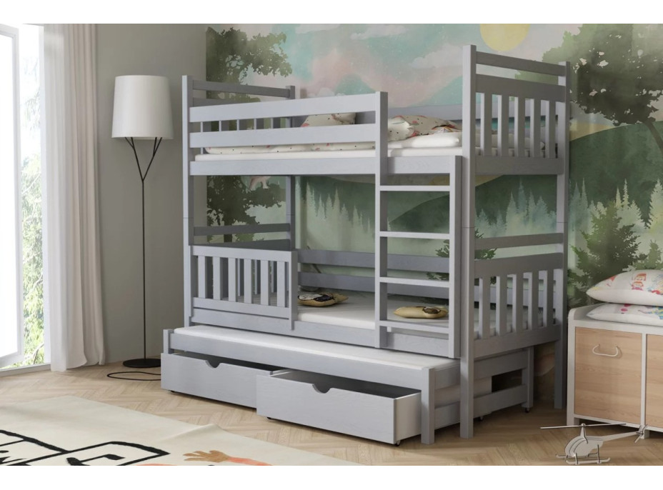Detská poschodová posteľ z masívu borovice PETR s prístelkou a šuplíky - 200x90 cm - ŠEDÁ