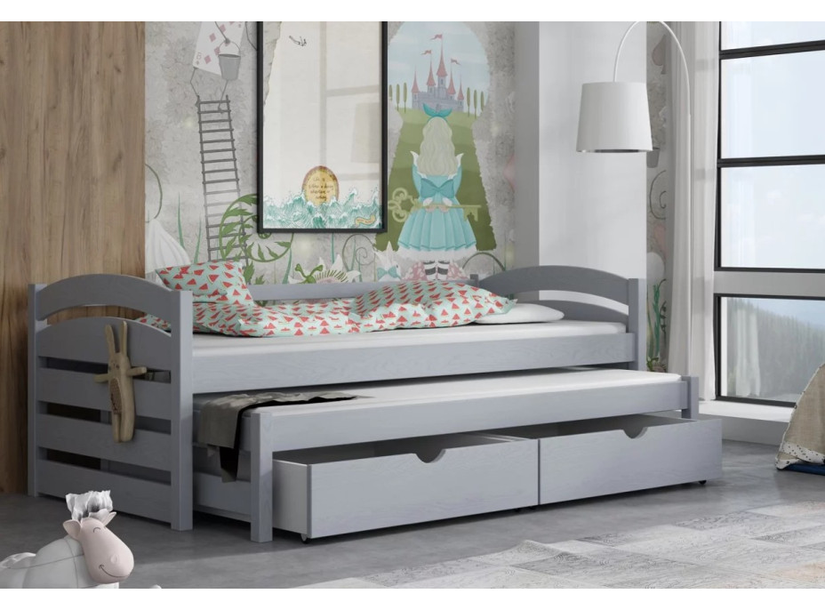 Detská posteľ z masívu borovice MONI s prístelkou a šuplíky - 200x90 cm - ŠEDÁ