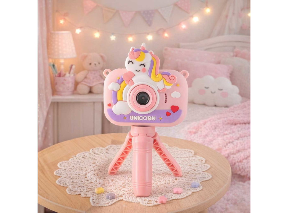 Detský digitálny fotoaparát na statíve Jednorožec - ružový