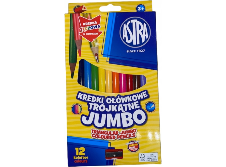ASTRA Trojhranné pastelky 12ks Jumbo s strúhadlom (vrátane viacfarebnej pastelky)