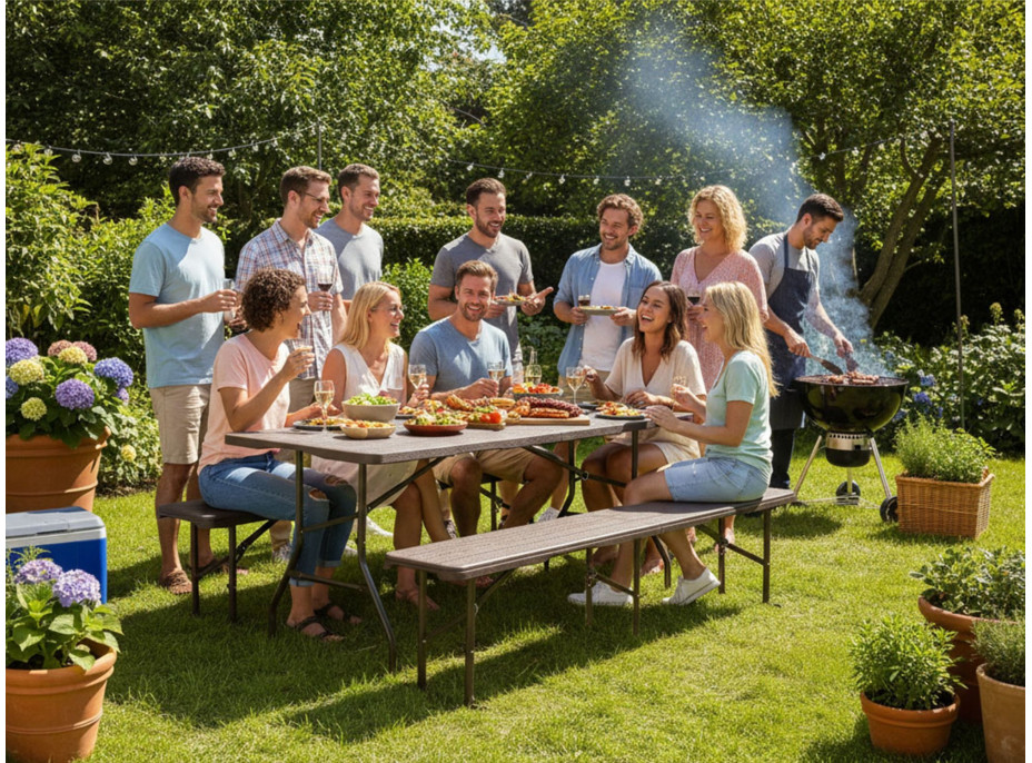 Set cateringového nábytku WOODLAND - stôl 180 cm + 2 lavice - hnedý