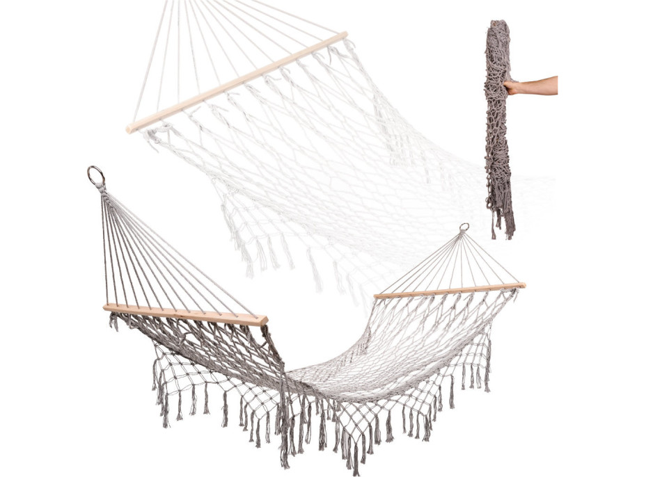 Záhradná hojdacia sieť BOHO so strapcami - 200 cm - šedá