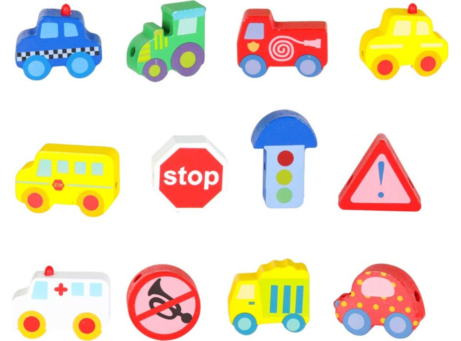 Drevené korálky na navliekanie - Autíčka a značky