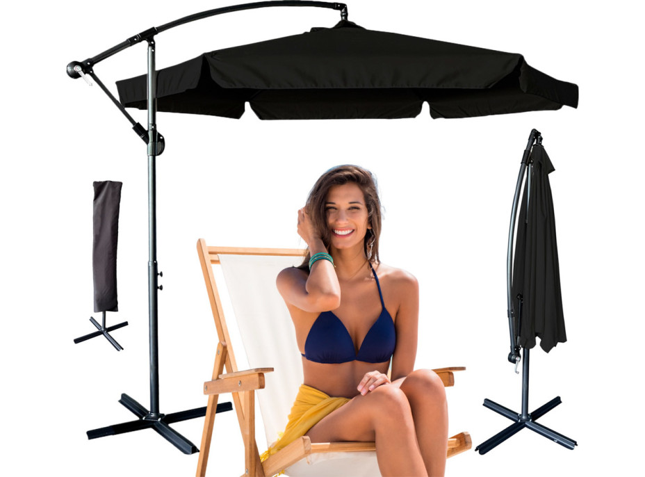 Skladací záhradný slnečník LUARO s predlžovacím ramenom - 290 cm - čierny