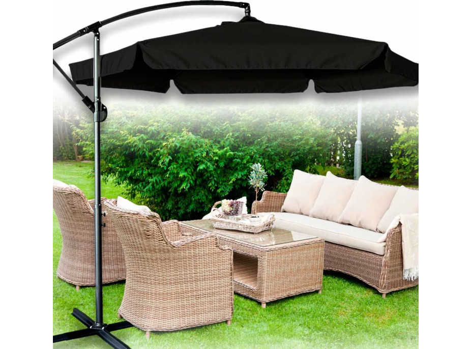Skladací záhradný slnečník LUARO s predlžovacím ramenom - 290 cm - čierny