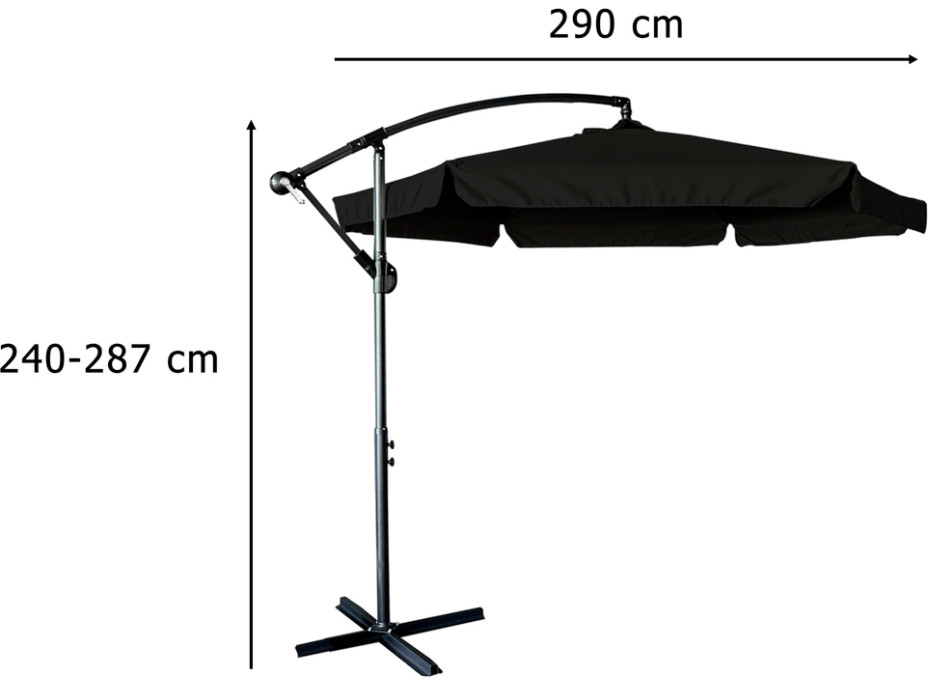 Skladací záhradný slnečník LUARO s predlžovacím ramenom - 290 cm - čierny