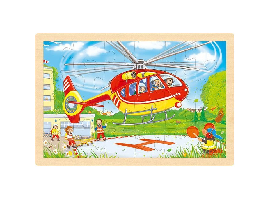 GOKI Drevené obojstranné puzzle Hasiči a vrtuľník 24 dielikov