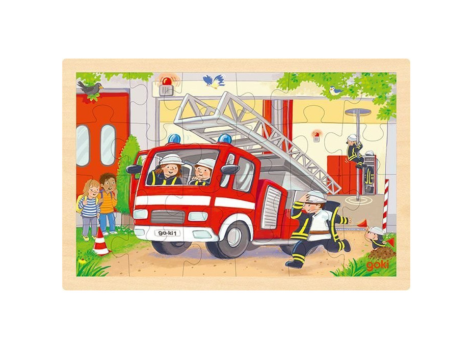 GOKI Drevené obojstranné puzzle Hasiči a vrtuľník 24 dielikov