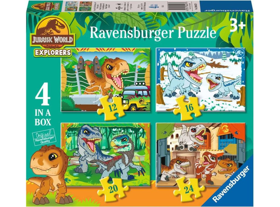 RAVENSBURGER Puzzle Jurský svet: Objavitelia 4v1 (12,16,20,24 dielikov)