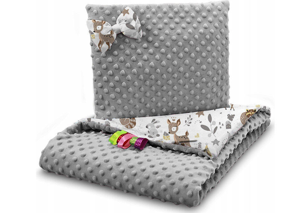 Detská deka do kočíka s vankúšikom a motýlikom - BABYMAM PREMIUM set 3v1 - Srnček a priatelia so šedou minky